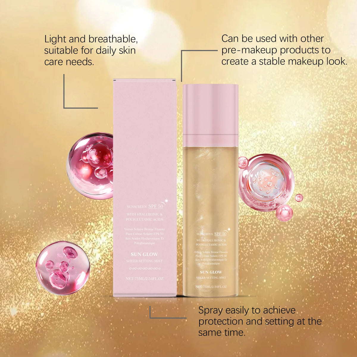 SPF Makeup Setting Spray Hydrating Glow Finish Waterproof Lightweight Non Greasy Lasting Makeup-Friendly Sunscreen Setting Mist
