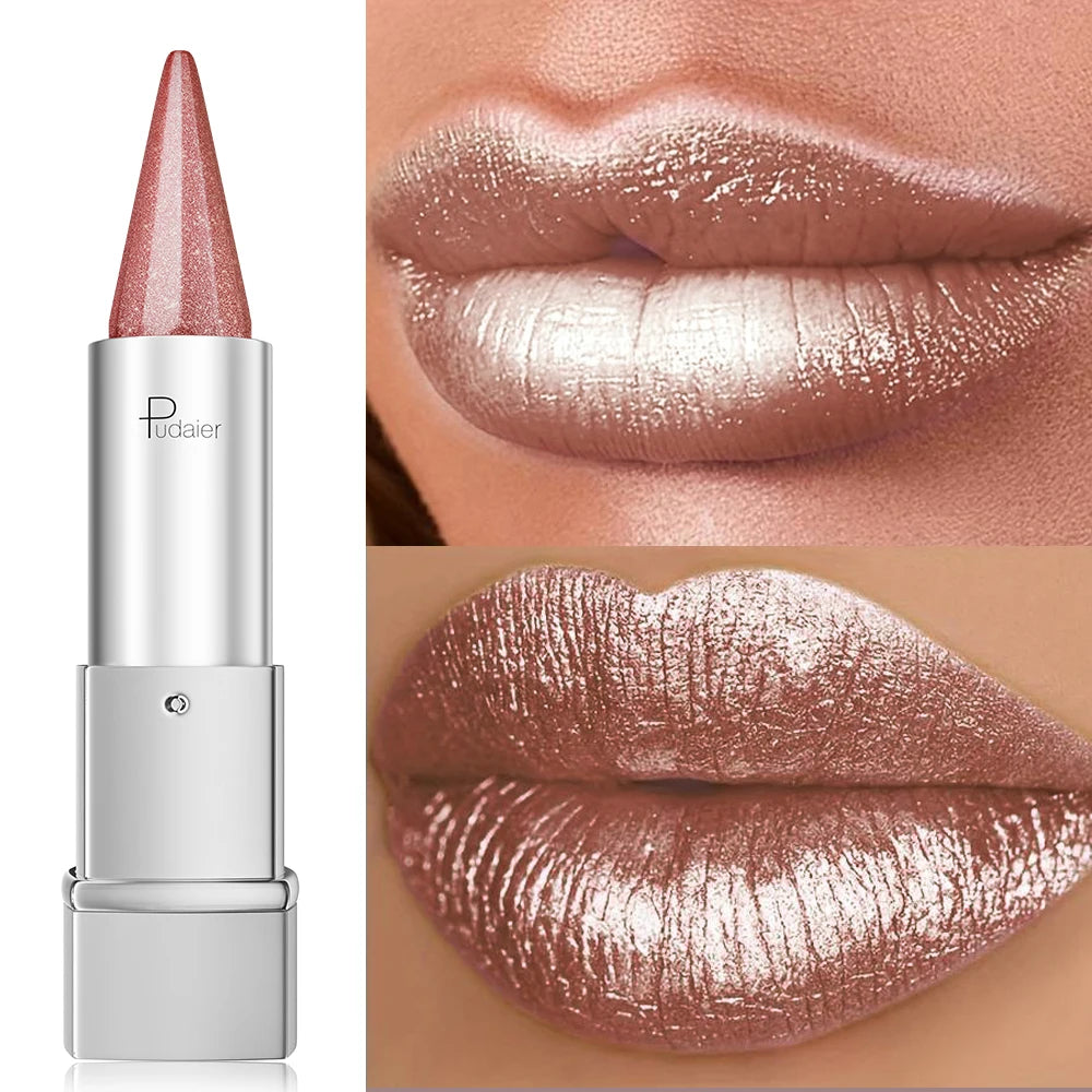 Pearl Shimmer Lipstick for Women, Metallic High Shine Lip Color, Waterproof Smudge Proof, 24 Hours Long Lasting, Lightweight Gla