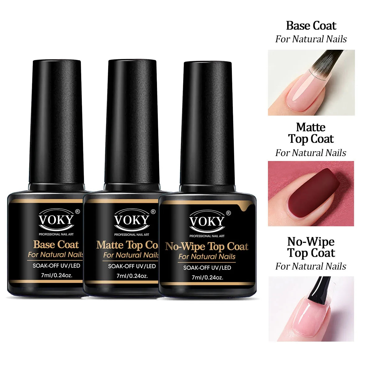 VOKY 0.24oz No Wipe Top Coat And Base Top Coat And Matte Top Coat Set - Shiny Finish, Long Lasting, Soak Off LED Nail Lamp Gel