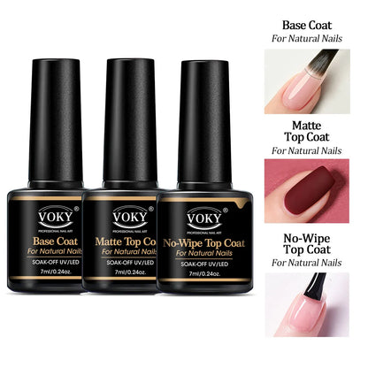 VOKY 0.24oz No Wipe Top Coat And Base Top Coat And Matte Top Coat Set - Shiny Finish, Long Lasting, Soak Off LED Nail Lamp Gel