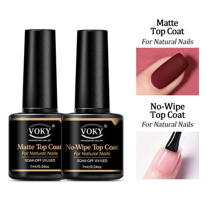 VOKY 0.24oz No Wipe Top Coat And Base Top Coat And Matte Top Coat Set - Shiny Finish, Long Lasting, Soak Off LED Nail Lamp Gel