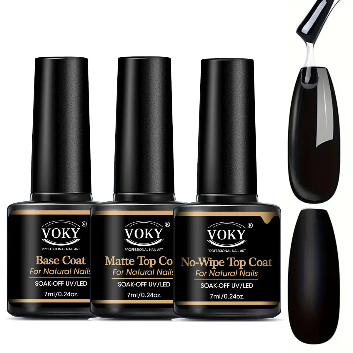 VOKY 0.24oz No Wipe Top Coat And Base Top Coat And Matte Top Coat Set - Shiny Finish, Long Lasting, Soak Off LED Nail Lamp Gel