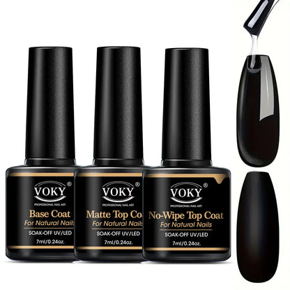 VOKY 0.24oz No Wipe Top Coat And Base Top Coat And Matte Top Coat Set - Shiny Finish, Long Lasting, Soak Off LED Nail Lamp Gel