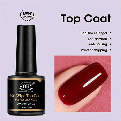 VOKY 0.24oz No Wipe Top Coat And Base Top Coat And Matte Top Coat Set - Shiny Finish, Long Lasting, Soak Off LED Nail Lamp Gel