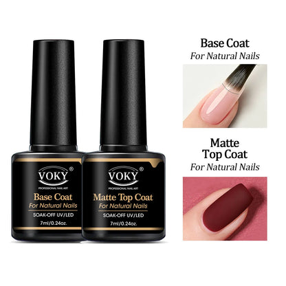 VOKY 0.24oz No Wipe Top Coat And Base Top Coat And Matte Top Coat Set - Shiny Finish, Long Lasting, Soak Off LED Nail Lamp Gel