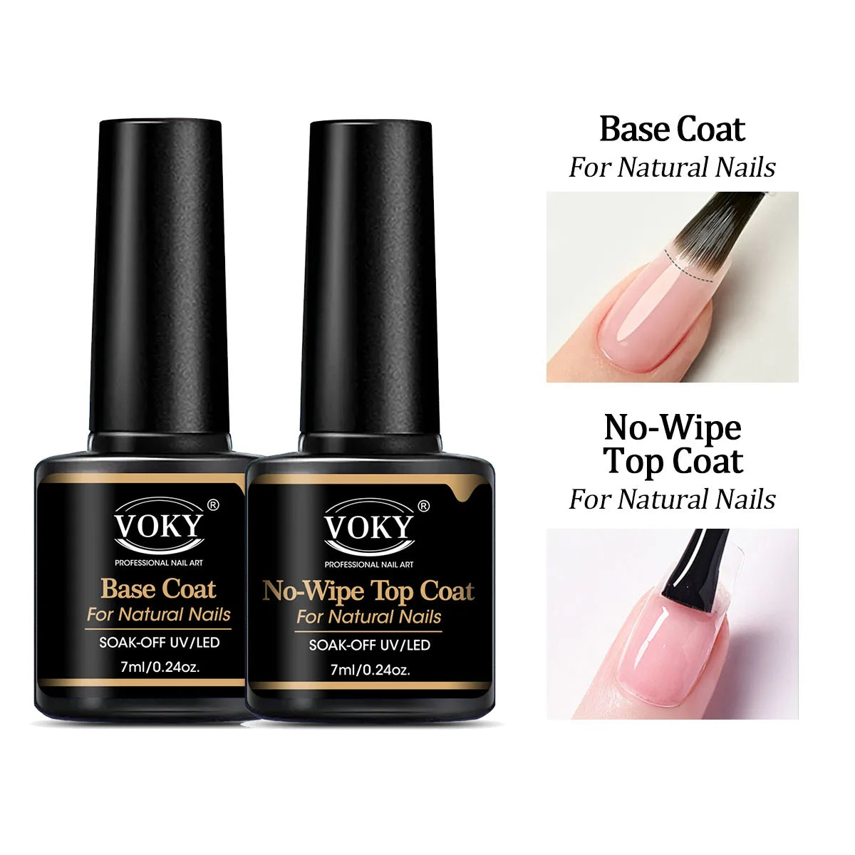 VOKY 0.24oz No Wipe Top Coat And Base Top Coat And Matte Top Coat Set - Shiny Finish, Long Lasting, Soak Off LED Nail Lamp Gel