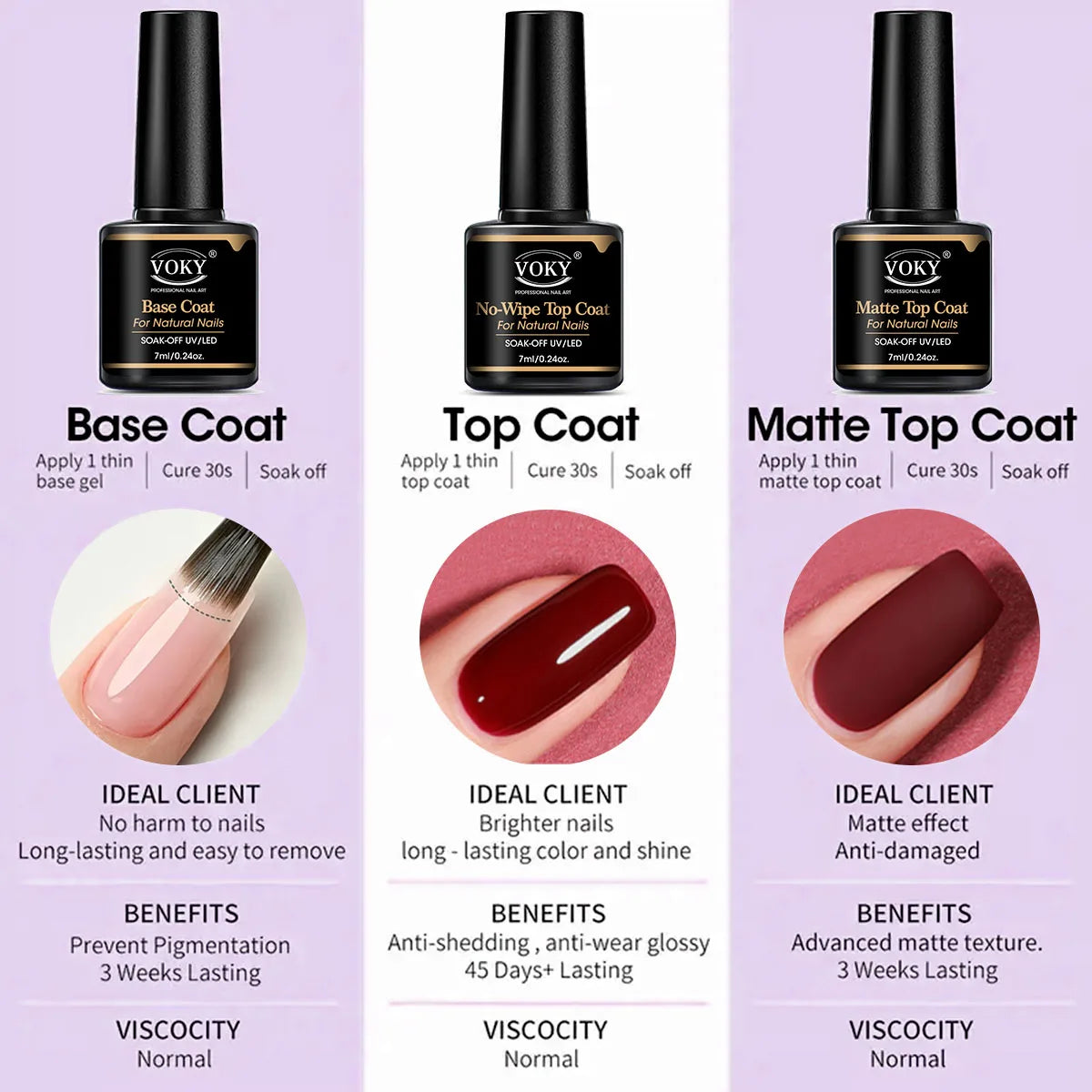VOKY 0.24oz No Wipe Top Coat And Base Top Coat And Matte Top Coat Set - Shiny Finish, Long Lasting, Soak Off LED Nail Lamp Gel