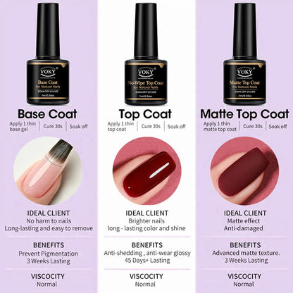 VOKY 0.24oz No Wipe Top Coat And Base Top Coat And Matte Top Coat Set - Shiny Finish, Long Lasting, Soak Off LED Nail Lamp Gel
