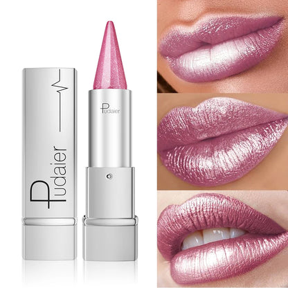 Pearl Shimmer Lipstick for Women, Metallic High Shine Lip Color, Waterproof Smudge Proof, 24 Hours Long Lasting, Lightweight Gla